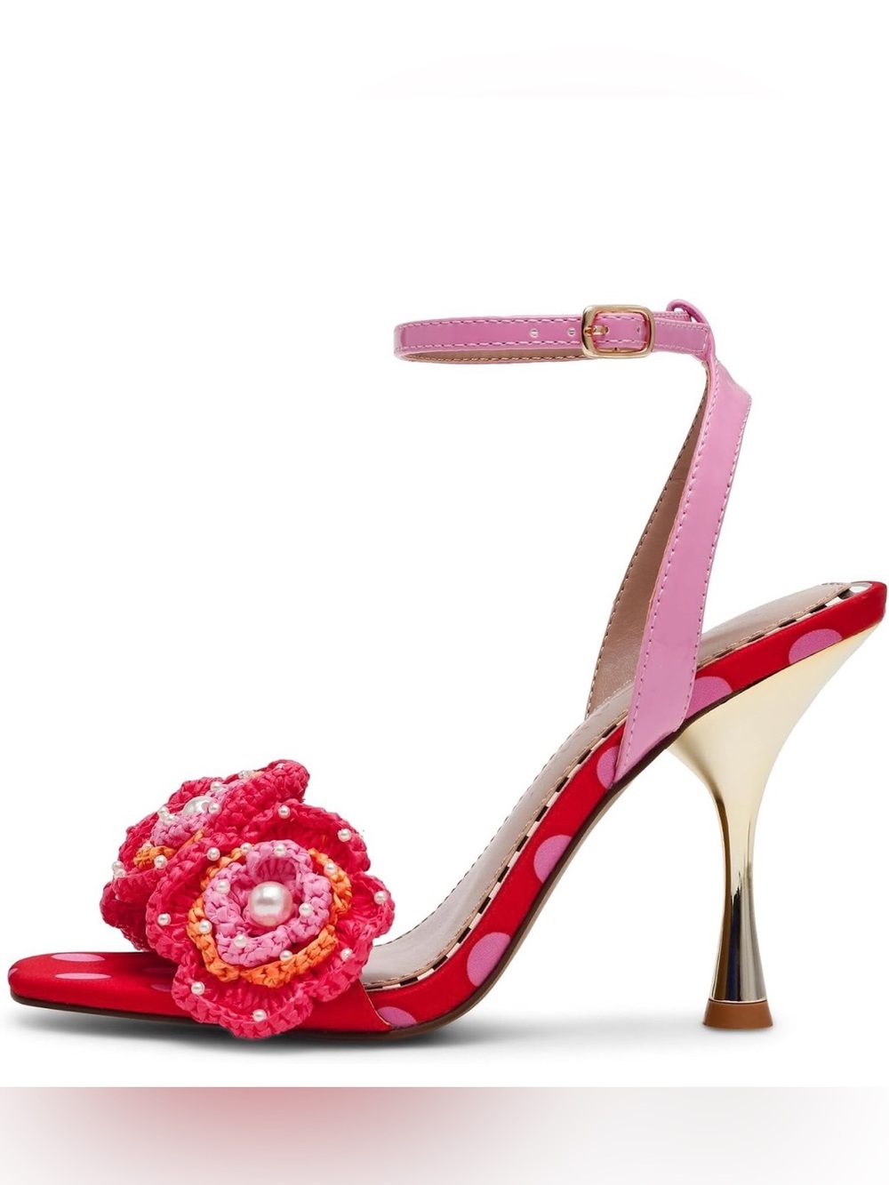 Betsey Johnson Pink and Red Floral Ankle-Strap Heels with Gold Heel